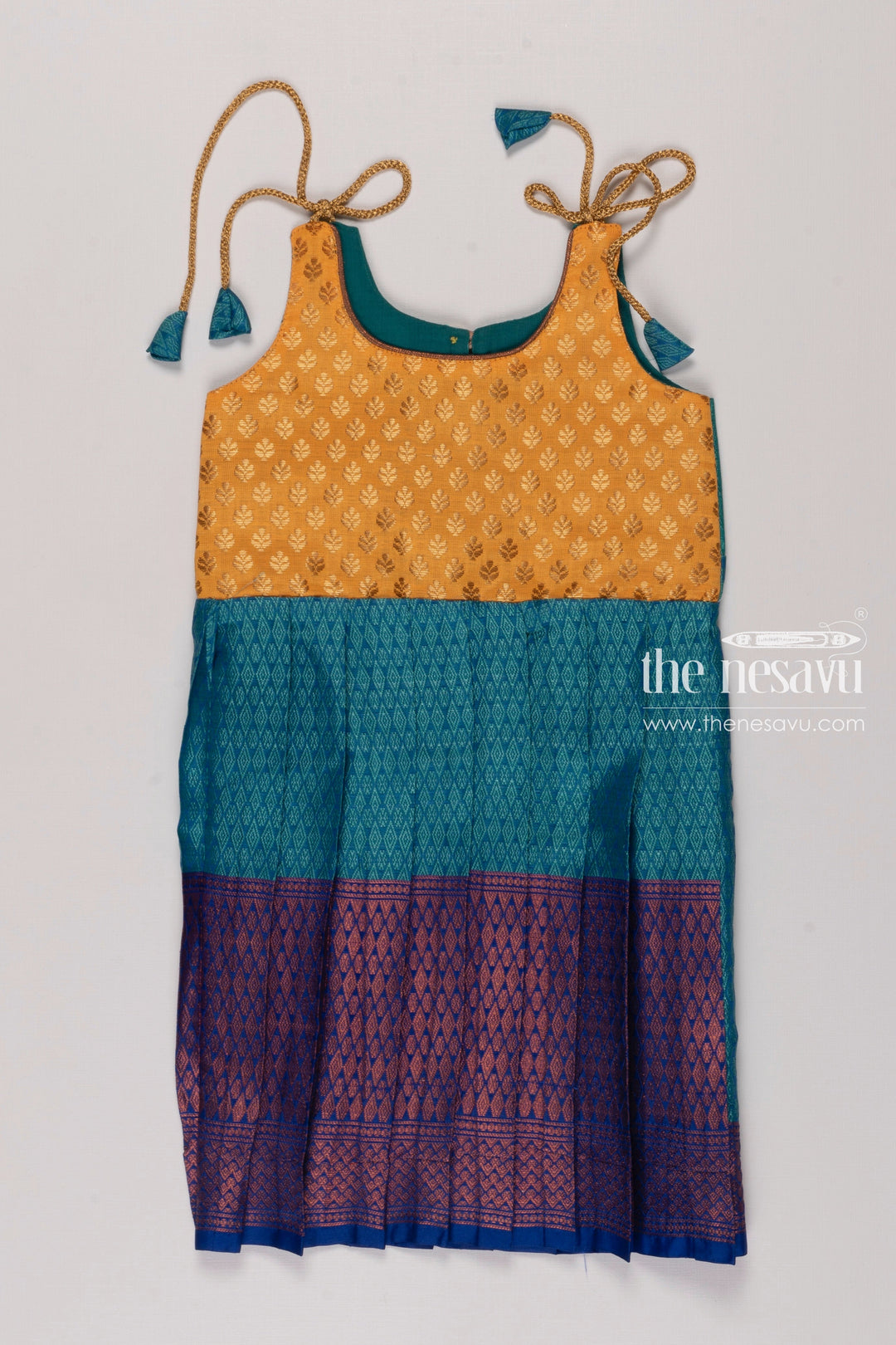 The Nesavu Tie-up Frock Aquamarine and Gold Silk Frock for Girls Colorful Elegance Nesavu 16 (1Y) / Blue / Silk T262C-16 Girls Aquamarine Silk Frock with Gold Accents | Festive Wear | The Nesavu