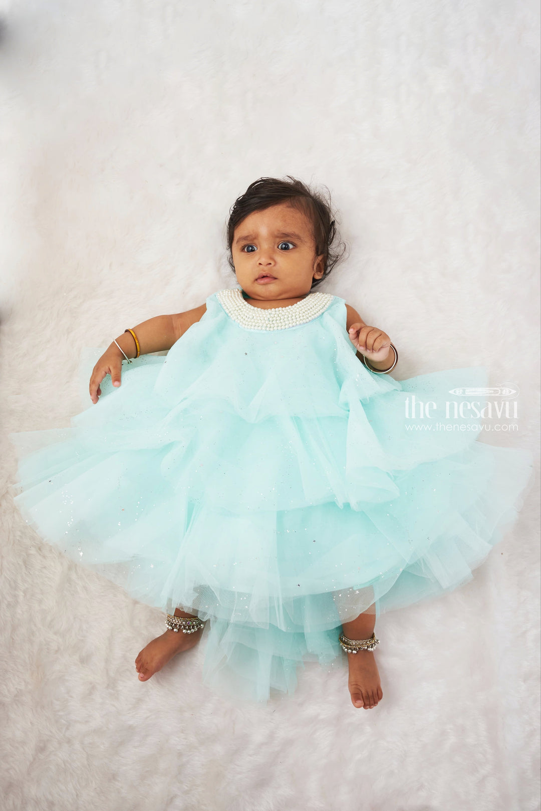 The Nesavu Girls Tutu Frock Enchanted Ice Blue Tulle Party Dress for Girls Nesavu 16 (1Y) / Blue / Plain Net PF165B-16 Shop Enchanted Ice Blue Tulle Dress for Girls | Princess Dress with Sparkles for Girls | The Nesavu