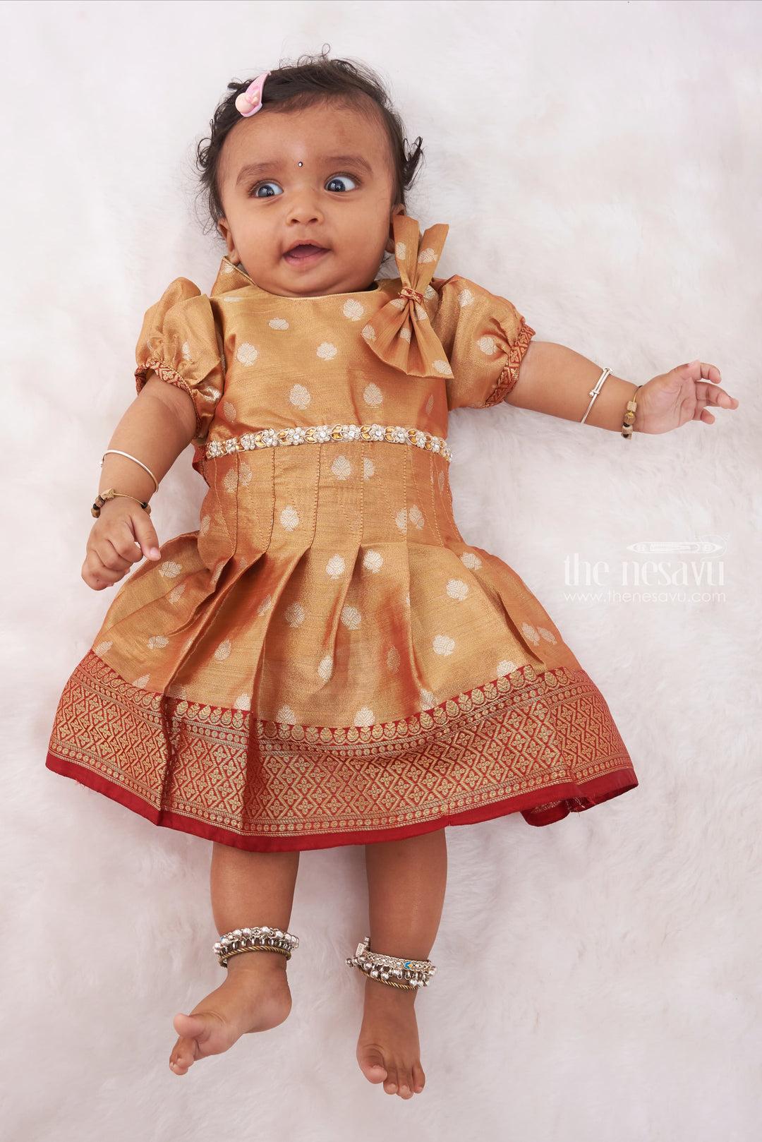 The Nesavu Silk Frock Golden Elegance: Maroon Silk Frock with Glistening Zari Motifs Nesavu 14 (6M) / Maroon / Silk SF723B-14 Tradition Meets Festive Elegance | Premium Silk Gowns for Kids | The Nesavu