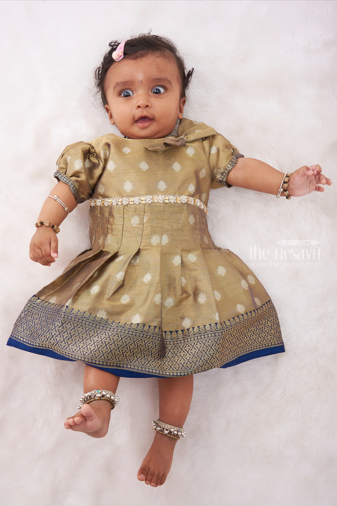 The Nesavu Silk Frock Golden Radiance: Glimmering Zari Polka Dotted Navy Bordered Silk Frock for Girls Nesavu 14 (6M) / Blue / Silk SF724B-14 Authentic Traditional Frocks | Pure Silk Festive Collection | The Nesavu