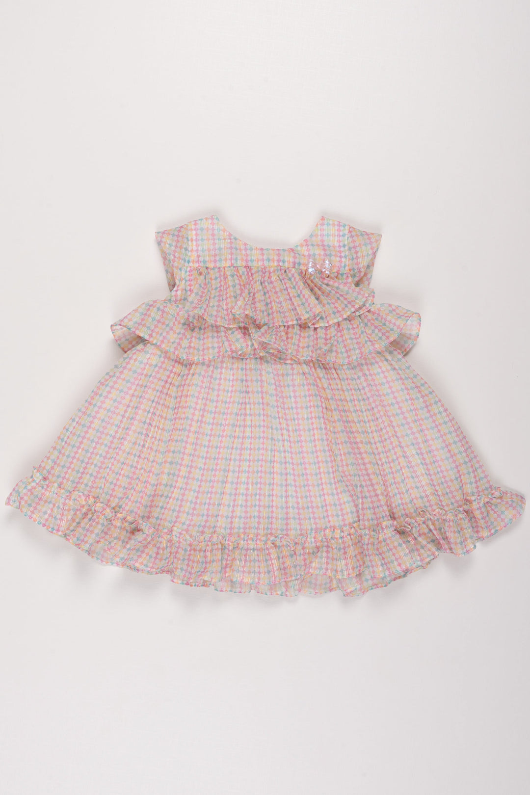 The Nesavu Baby Fancy Frock Infant Girl's Multicolor Checkered Print Frock with Flutter Sleeves and Ruffled Hem Nesavu 12 (3M) / multicolor BFJ502B-12 Multicolor Checkered Infant Frock | Flutter Sleeve Summer Dress | The Nesavu