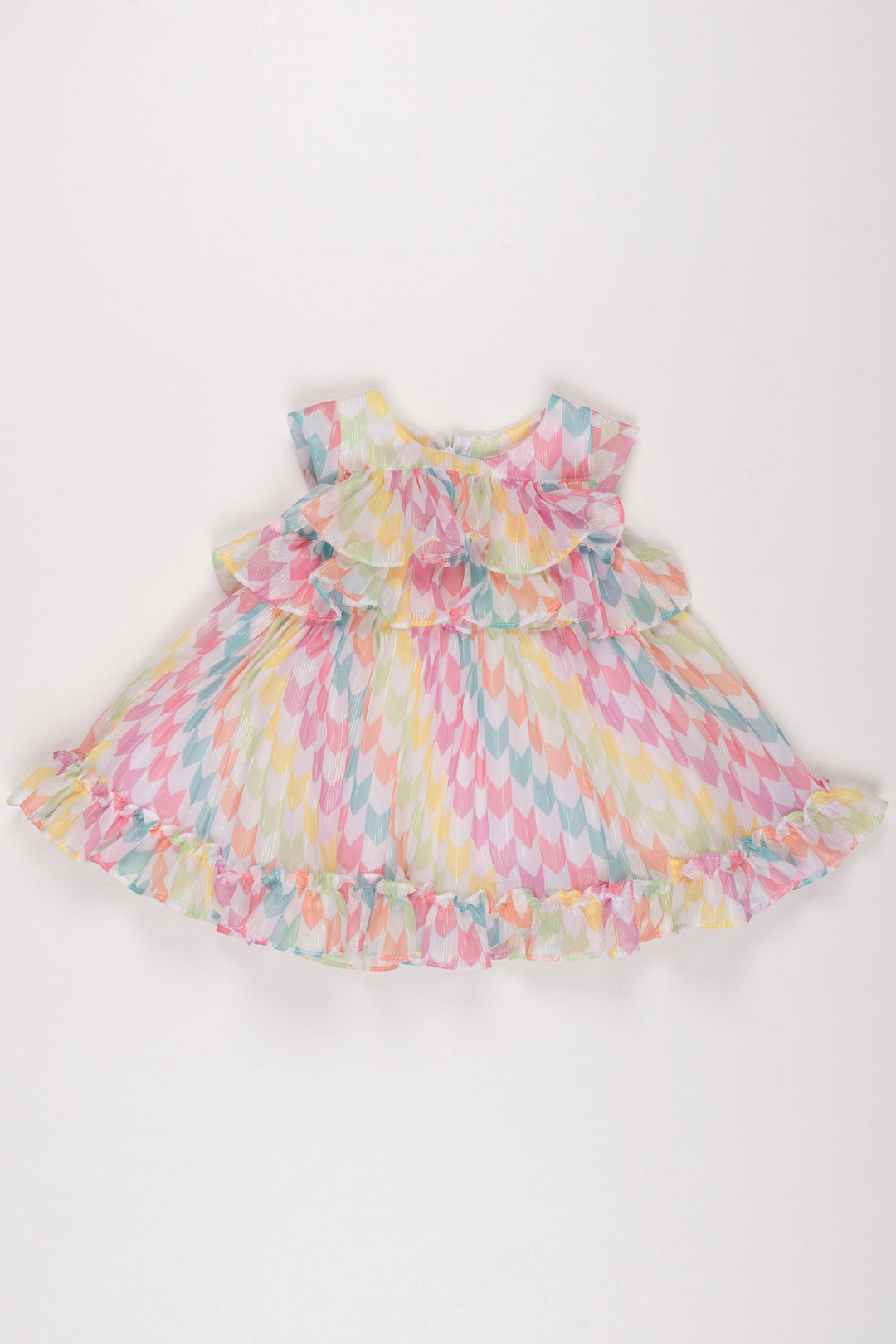 The Nesavu Baby Fancy Frock Infant Girl's Rainbow Chevron Ruffle Frock with Sheer Overlay - Vibrant Summer Party Dress Nesavu 12 (3M) / multicolor BFJ503A-12 Rainbow Chevron Ruffle Frock for Infants | Colorful Summer Party Dress | The Nesavu
