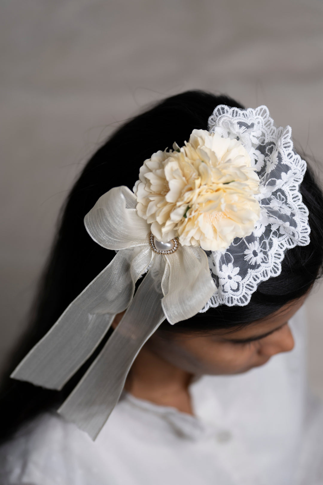 The Nesavu Hair Band Lace-Trimmed Ivory Peony Hairband with Silken Ribbon Nesavu Yellow JHB83A Ivory Peony Hairband with Lace and Ribbon | Bridal and Special Occasion Hair Accessory | The Nesavu