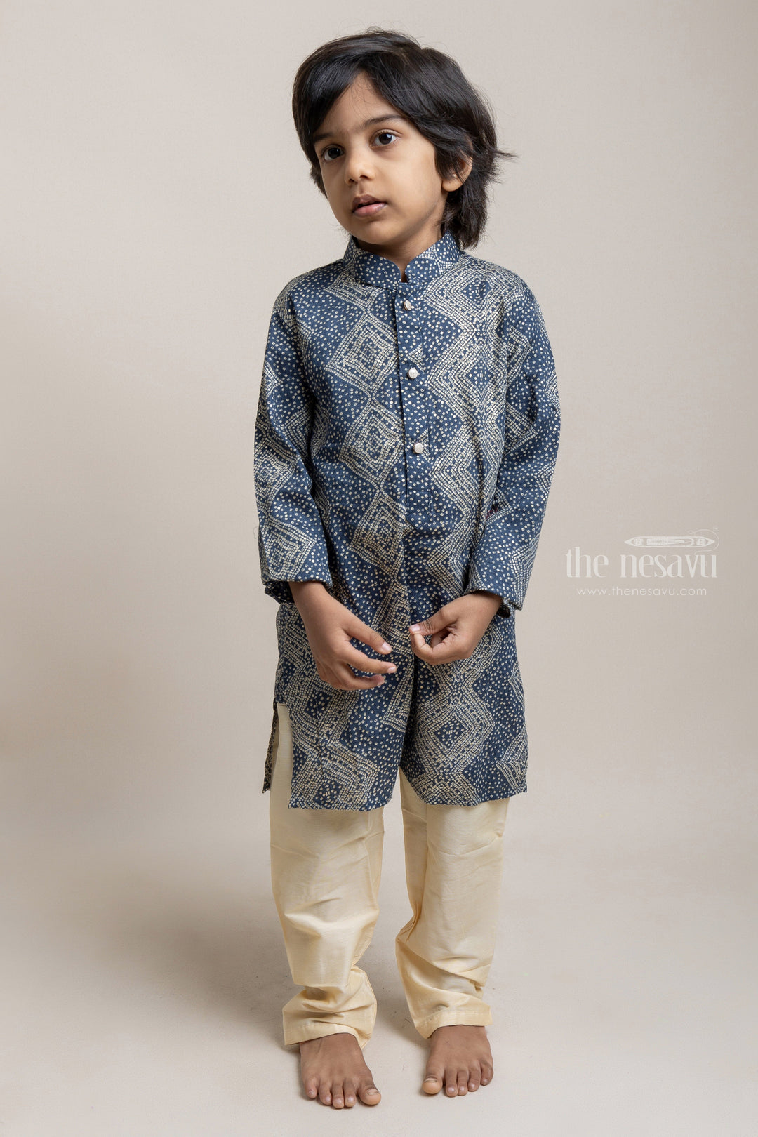 The Nesavu Boys Kurtha Set Pretty Navy Blue Sequin Embroidery Ethnic Kurta For Boys Nesavu 12 (3M) / Blue / Glazed Cotton BES304B Ethnic Kurta Set For Boys | Trendy Boys Collection | The Nesavu