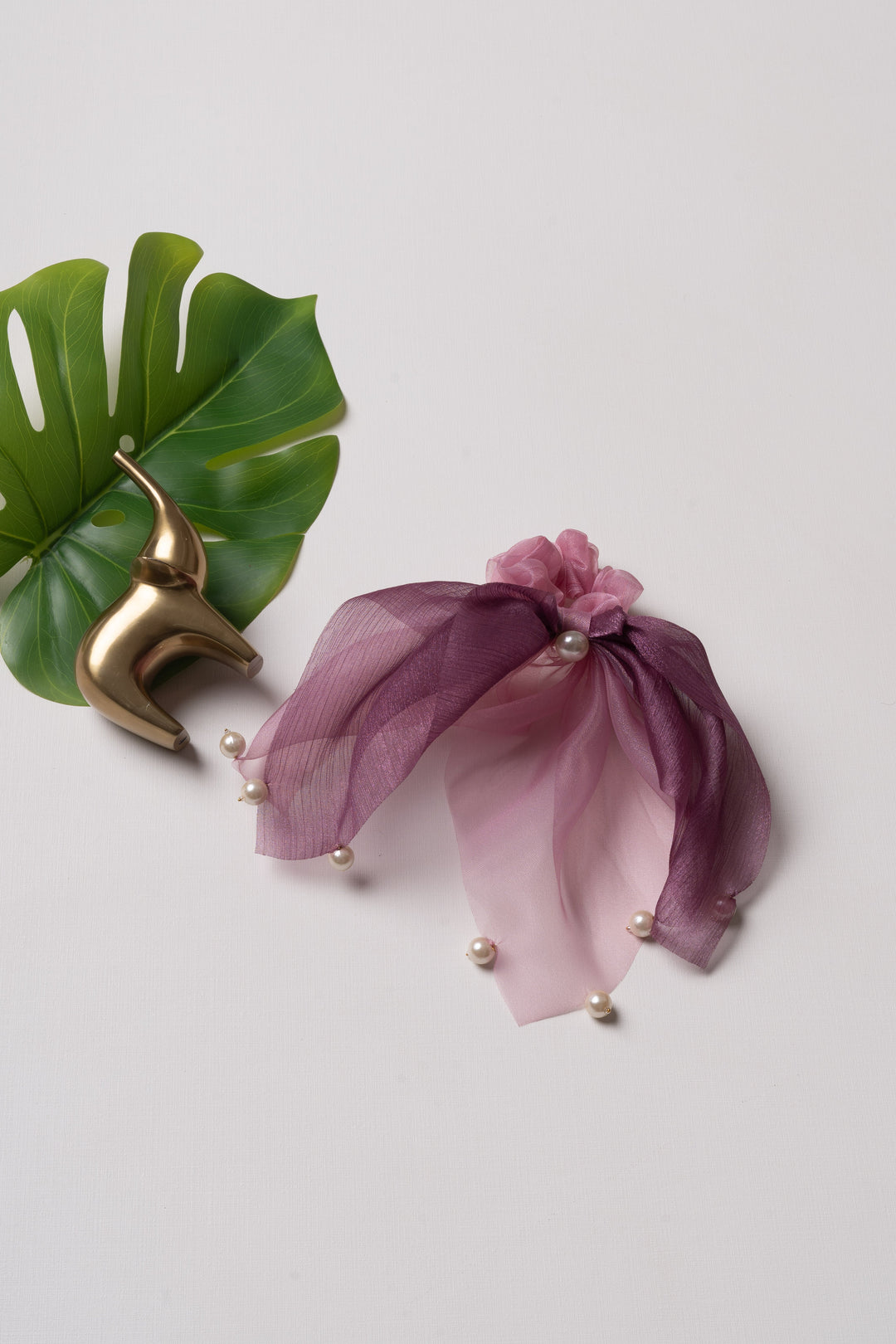 The Nesavu Scrunchies / Rubber Band Purple Sheer Shimmer Bow Hairband with Pearl Accents Nesavu Purple JHS25F Purple Pearl Bow Hairband | Romantic Sheer Accessory | The Nesavu