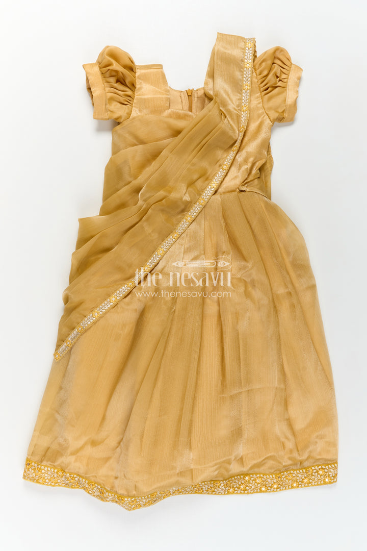 Girls Organza Anarkali Dress with Thread Embroidery Lace and Embellished Dupatta in Elegant Golden Tone