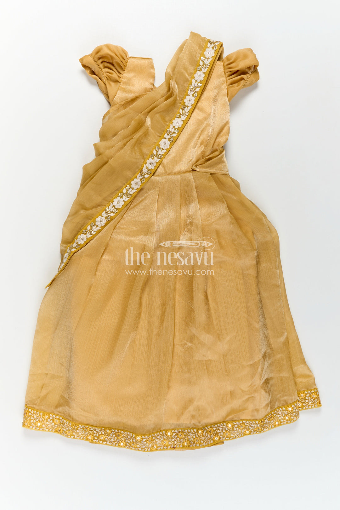 Girls Designer Gown for Party in Golden Organza with Thread Embroidery Lace and Delicate Dupatta