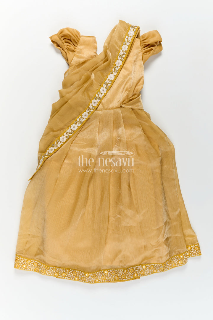 Girls Designer Gown for Party in Golden Organza with Thread Embroidery Lace and Delicate Dupatta