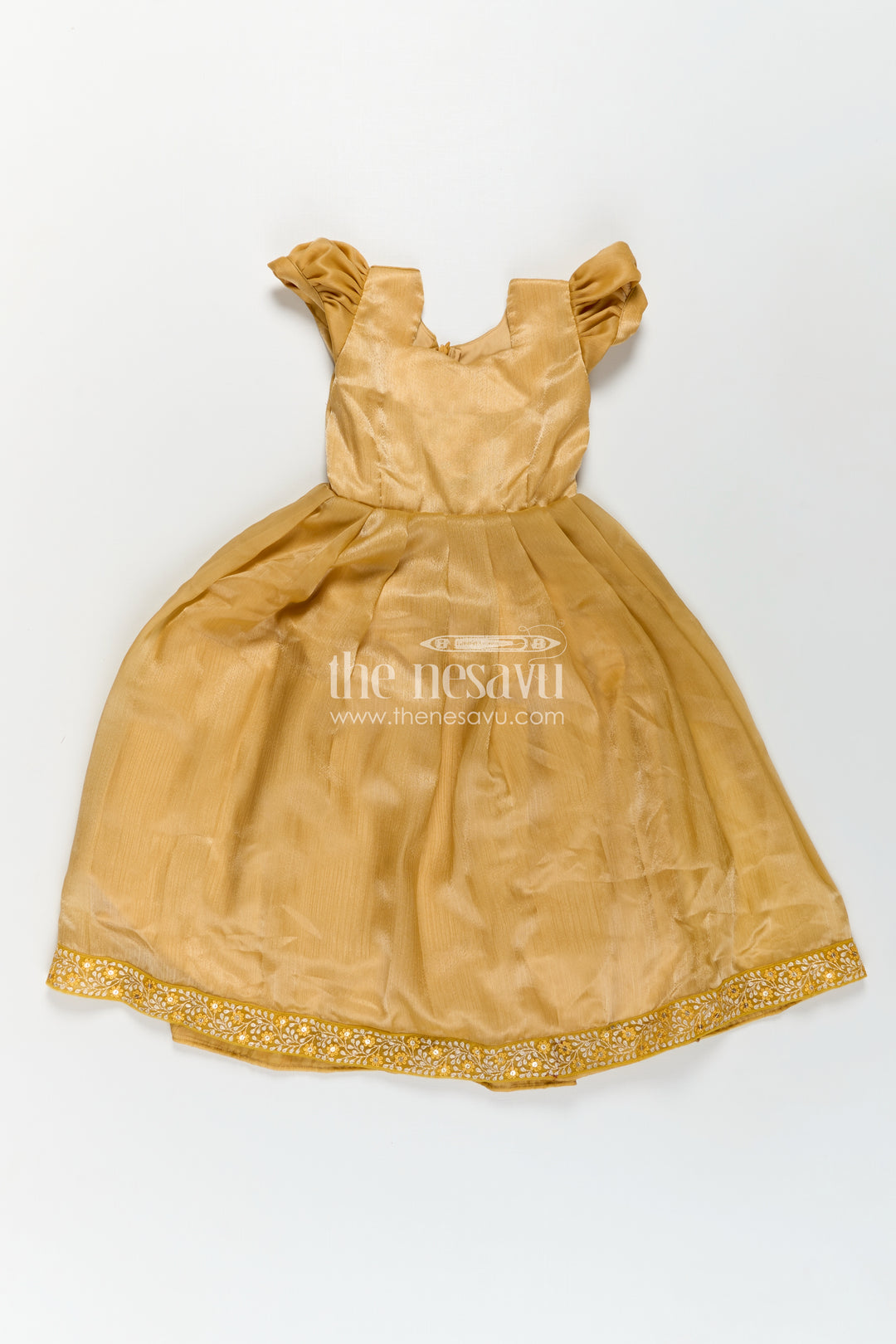 Girls Designer Gown for Party in Golden Organza with Thread Embroidery Lace and Delicate Dupatta