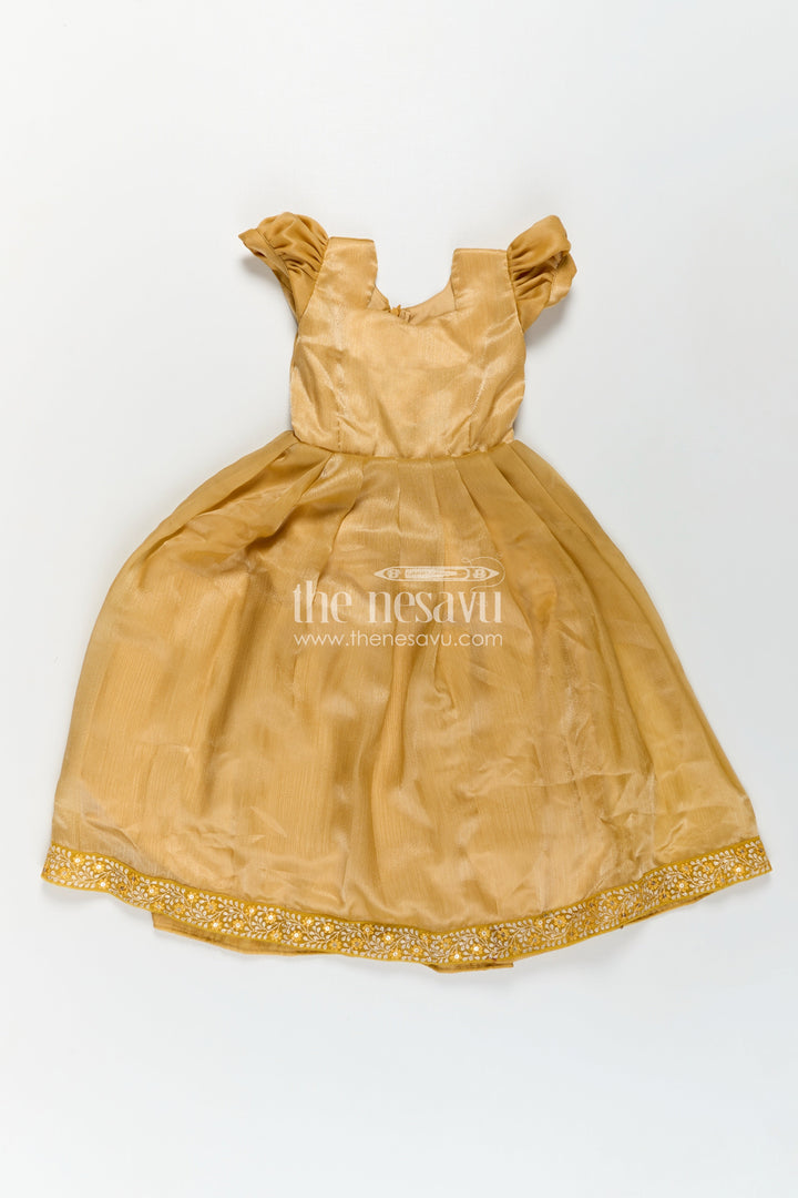 Girls Designer Gown for Party in Golden Organza with Thread Embroidery Lace and Delicate Dupatta