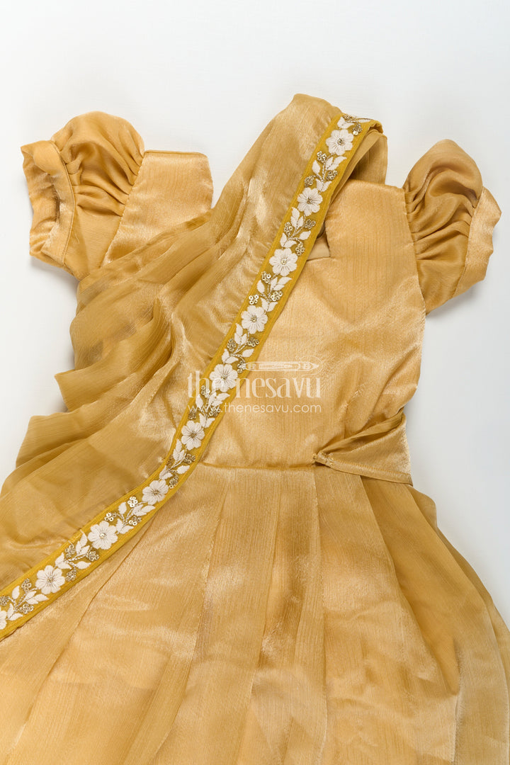 Girls Designer Gown for Party in Golden Organza with Thread Embroidery Lace and Delicate Dupatta