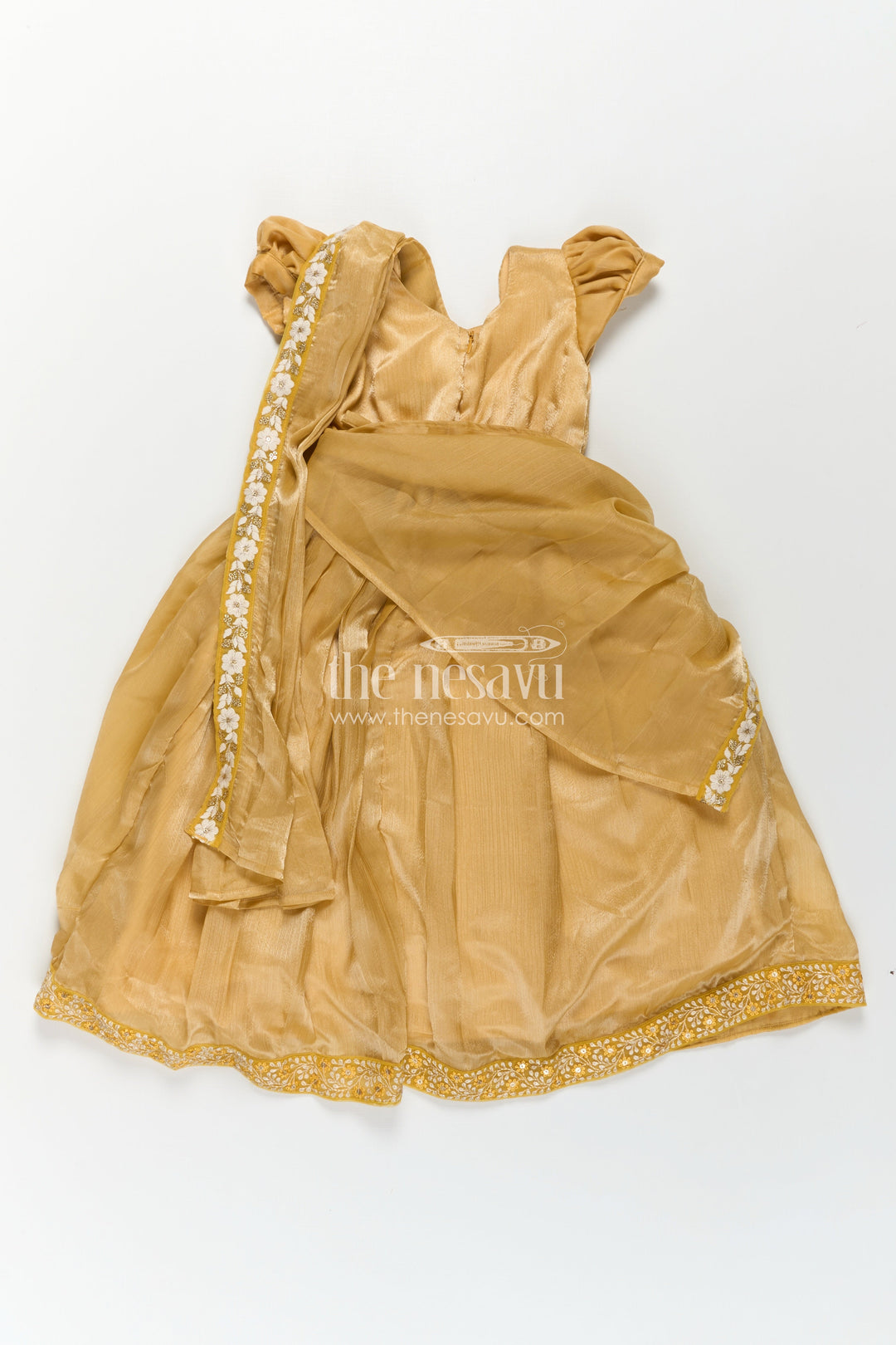 Girls Designer Gown for Party in Golden Organza with Thread Embroidery Lace and Delicate Dupatta