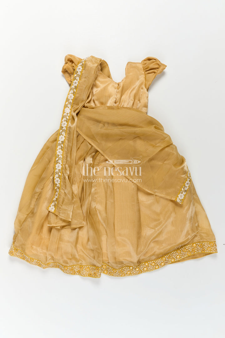 Girls Designer Gown for Party in Golden Organza with Thread Embroidery Lace and Delicate Dupatta