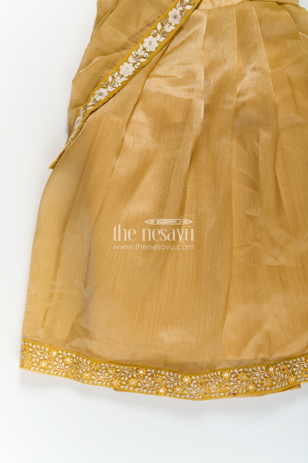 Girls Designer Gown for Party in Golden Organza with Thread Embroidery Lace and Delicate Dupatta