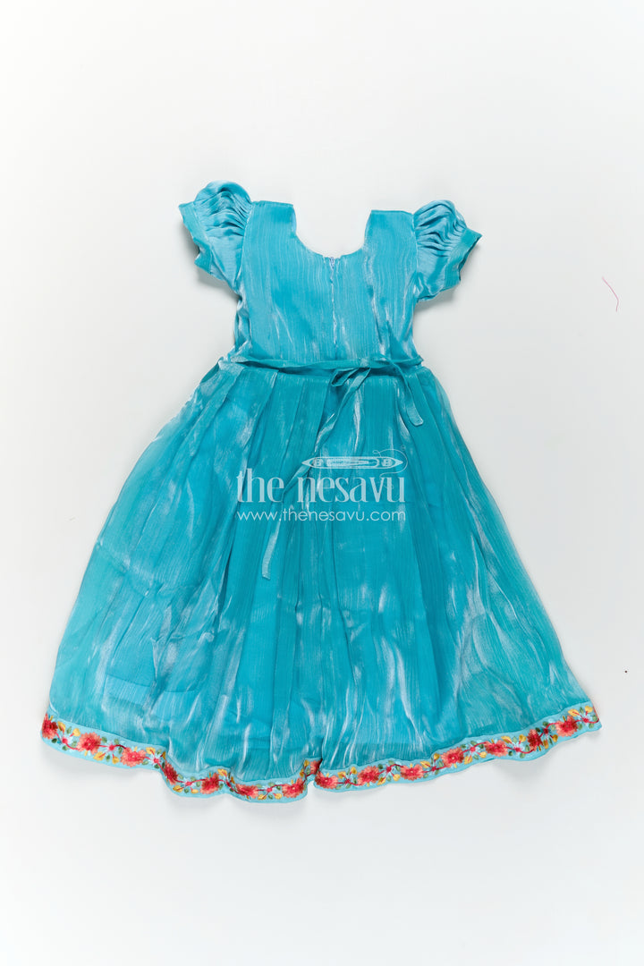 Girls Blue Organza Gown with Vibrant Floral Lace Work and Flowy Silhouette for Graceful Movement
