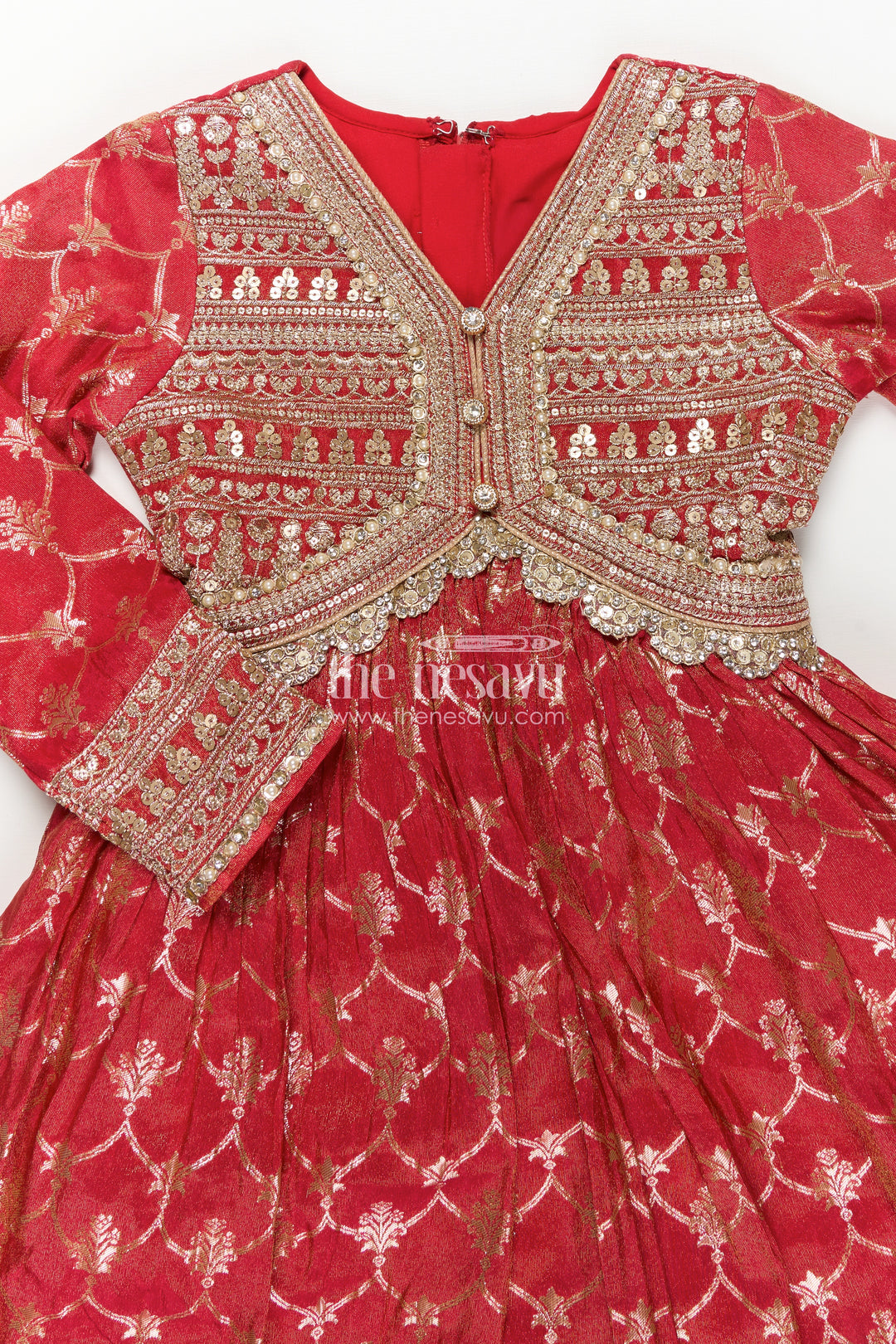 Girls Reception Party Wear Silk Gown with Banarasi Organza Fabric and Designer Embellished Yoke