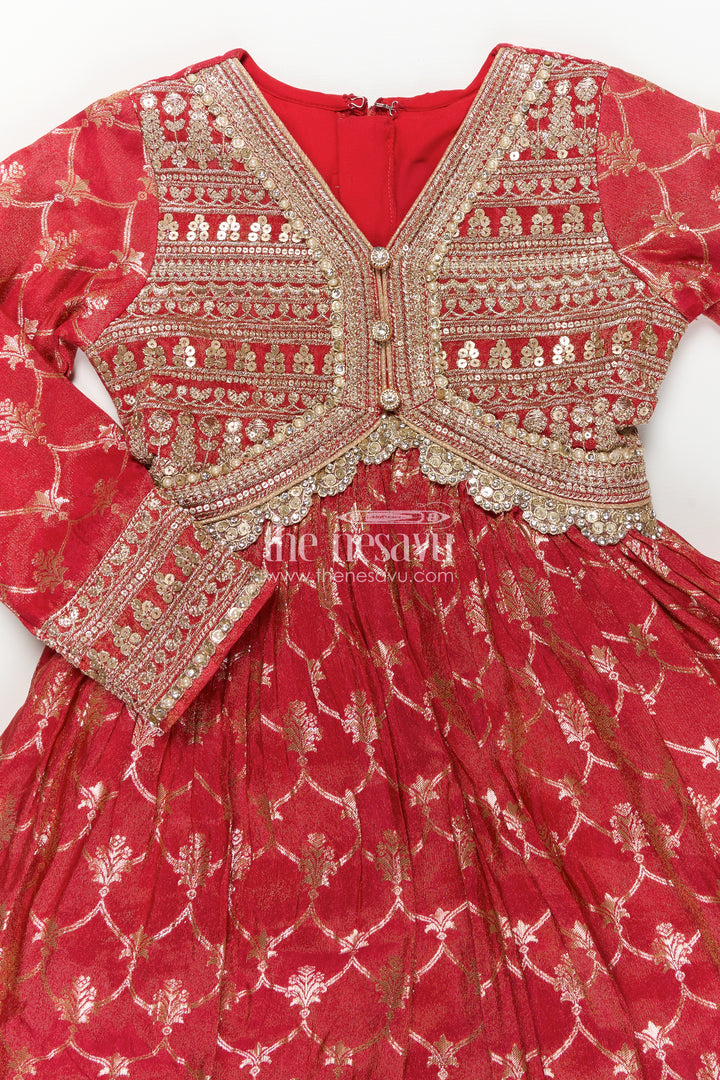 Girls Reception Party Wear Silk Gown with Banarasi Organza Fabric and Designer Embellished Yoke