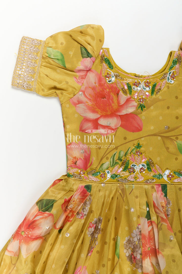 Girls Party Anarkali Dress in Yellow Blend Chinon Silk with Digital Floral Print and Sequin Embroidered Border
