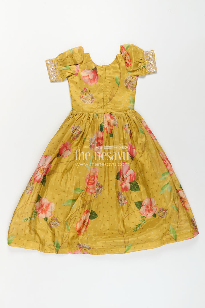 Girls Party Anarkali Dress in Yellow Blend Chinon Silk with Digital Floral Print and Sequin Embroidered Border