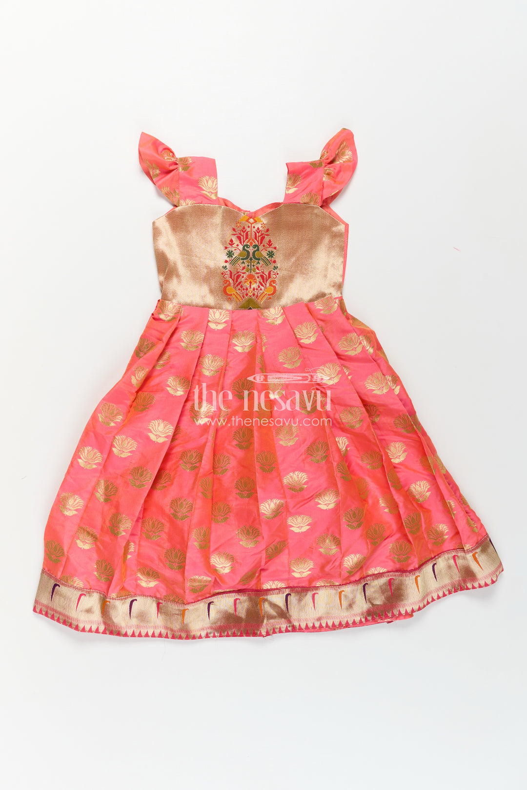 Girls Ethnic Anarkali Gown in Pink Semi Banaras Silk with Paithani Yoke and Festive Flare