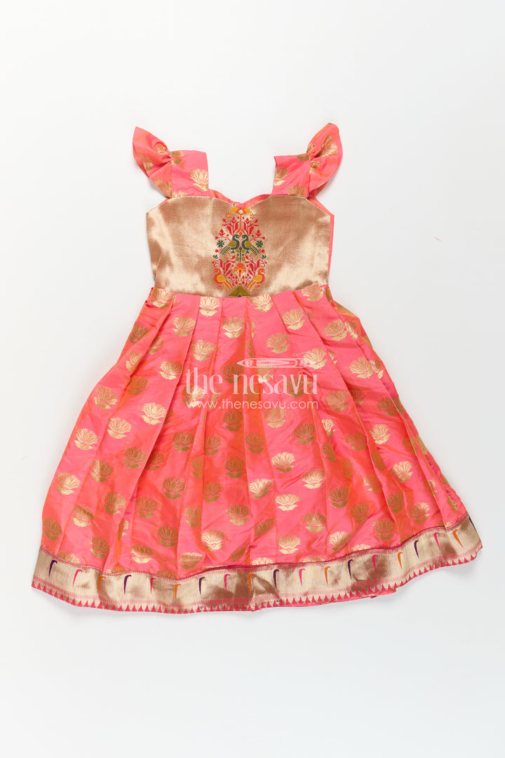 Girls Ethnic Anarkali Gown in Pink Semi Banaras Silk with Paithani Yoke and Festive Flare