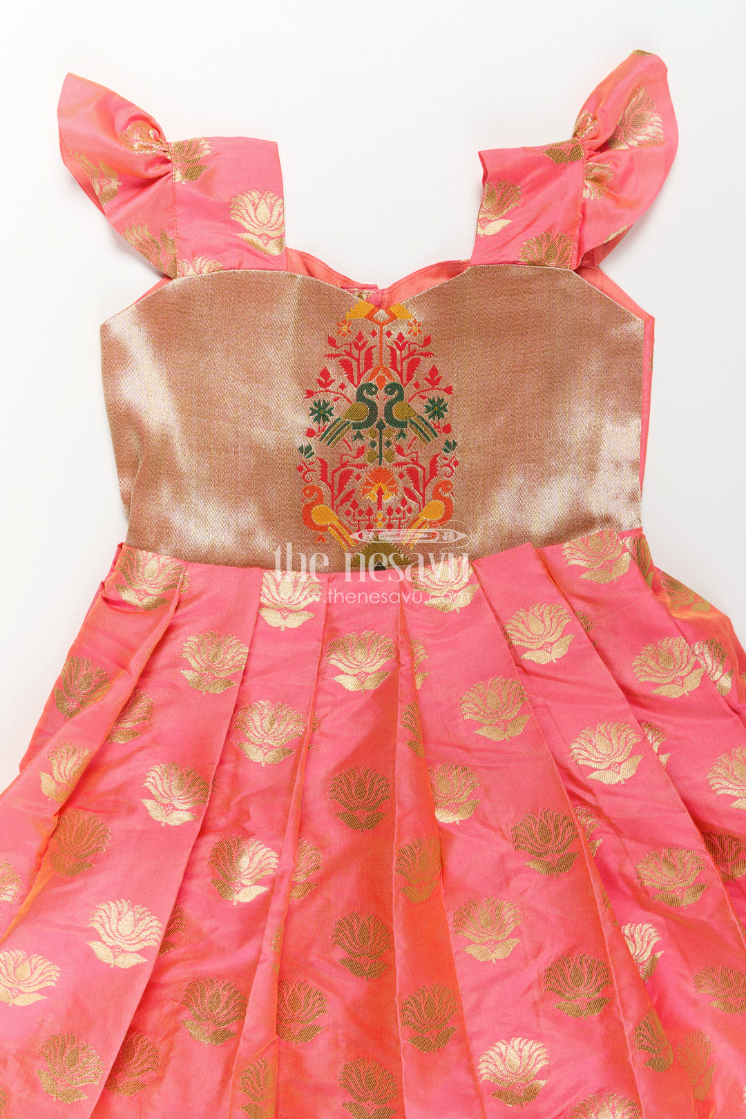 Girls Ethnic Anarkali Gown in Pink Semi Banaras Silk with Paithani Yoke and Festive Flare