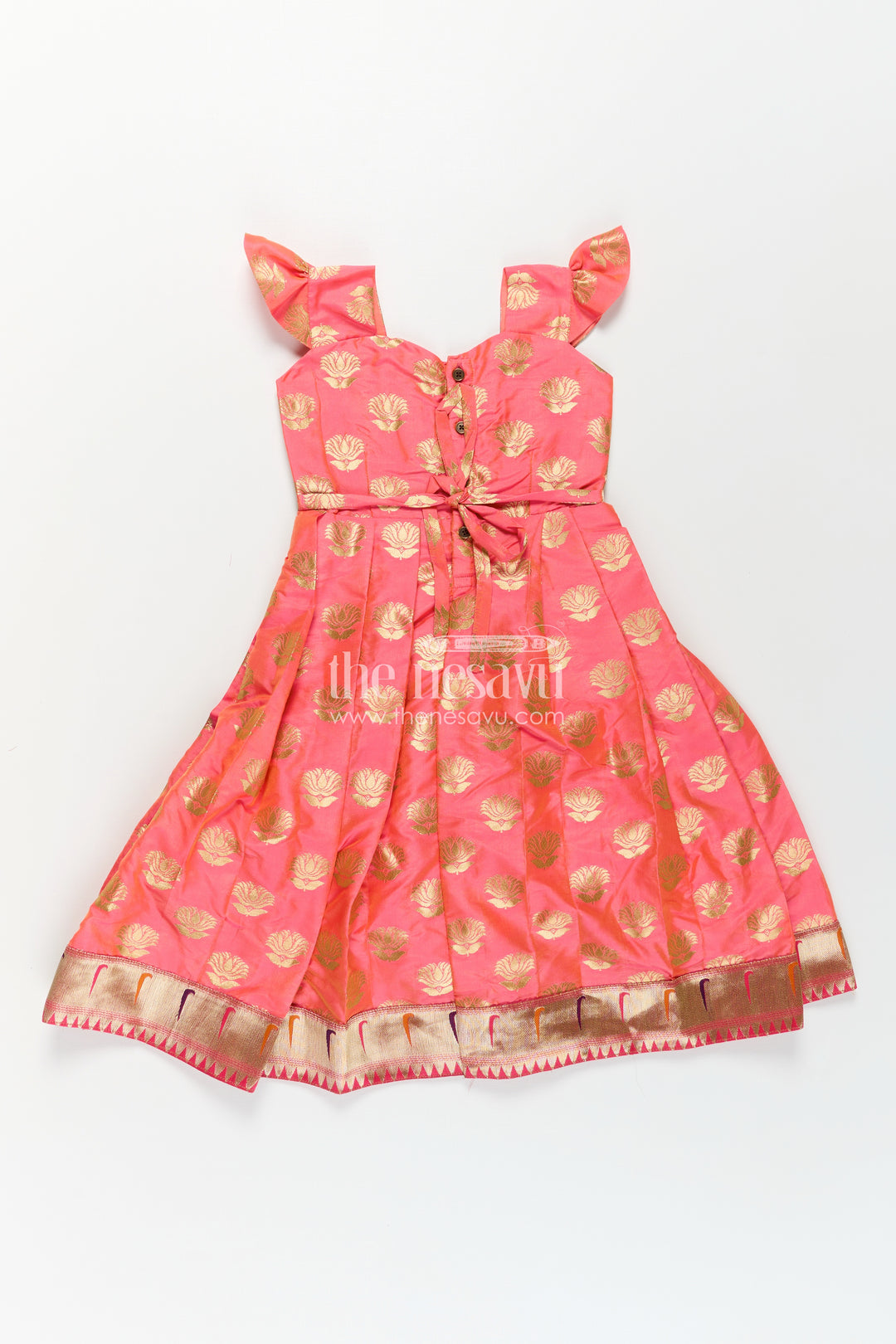 Girls Ethnic Anarkali Gown in Pink Semi Banaras Silk with Paithani Yoke and Festive Flare