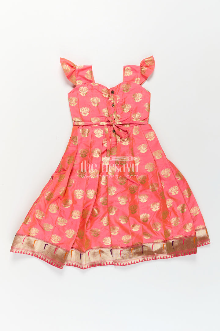 Girls Ethnic Anarkali Gown in Pink Semi Banaras Silk with Paithani Yoke and Festive Flare