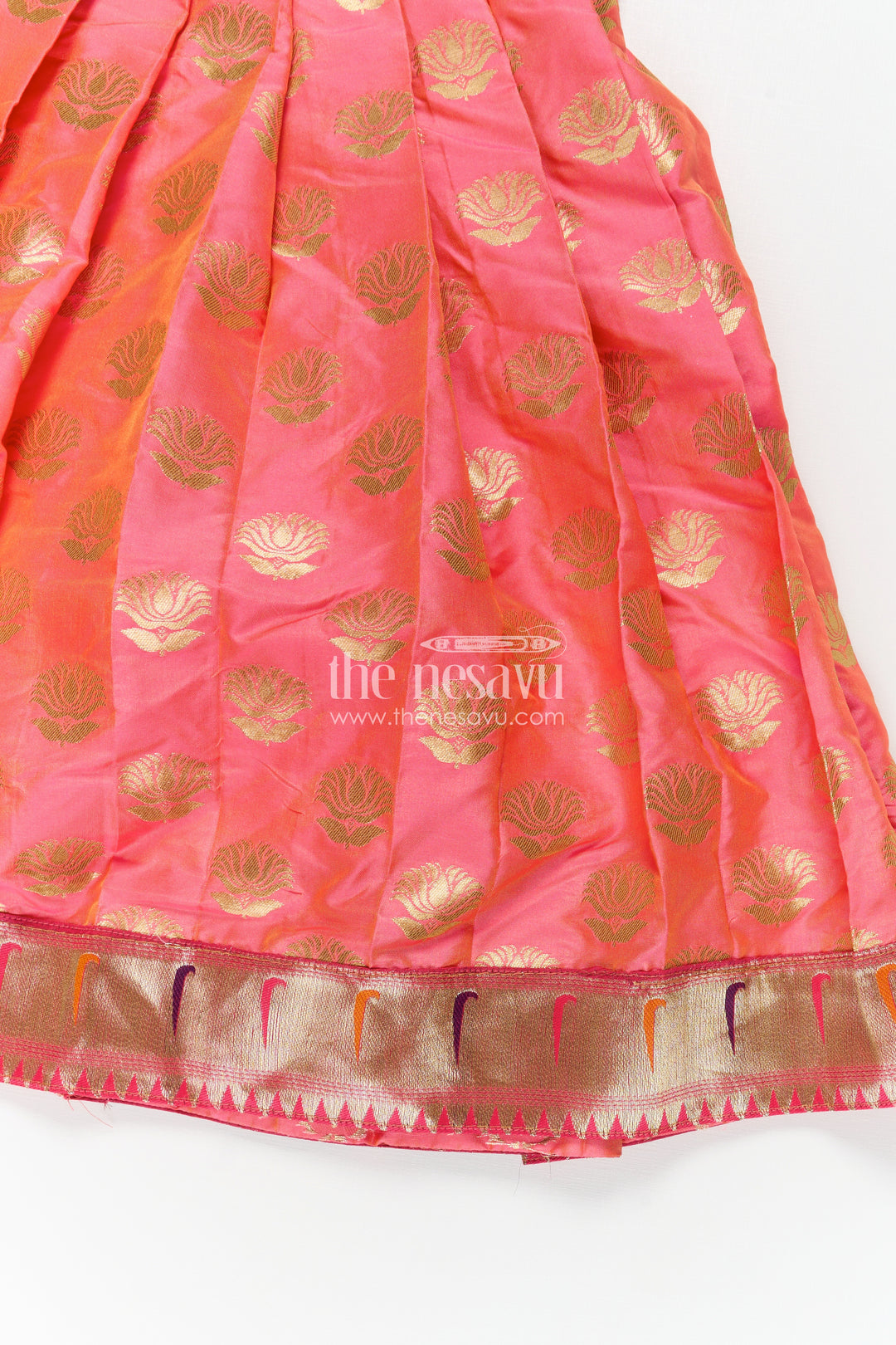 Girls Ethnic Anarkali Gown in Pink Semi Banaras Silk with Paithani Yoke and Festive Flare