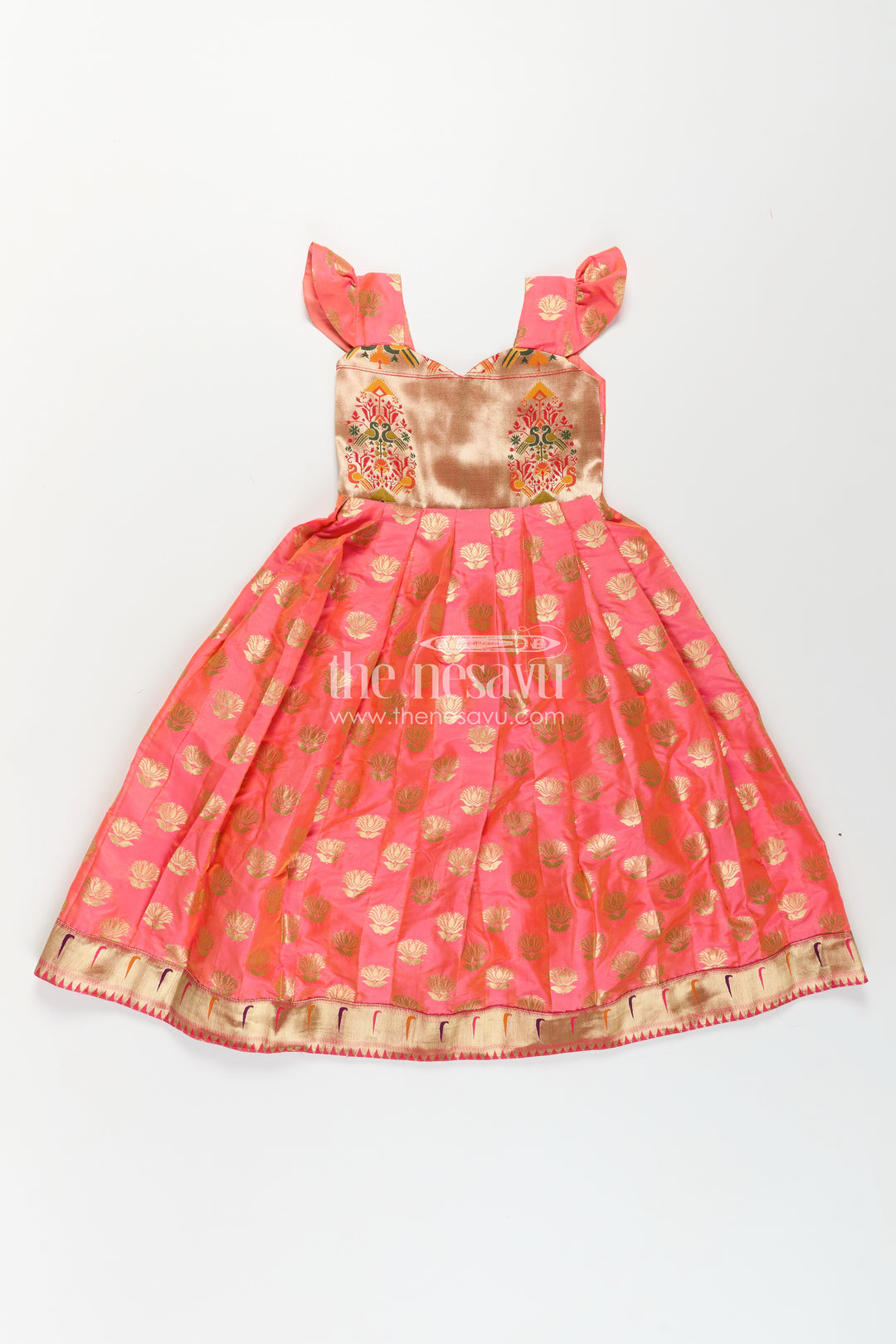 Girls Ethnic Anarkali Gown in Pink Semi Banaras Silk with Paithani Yoke and Festive Flare