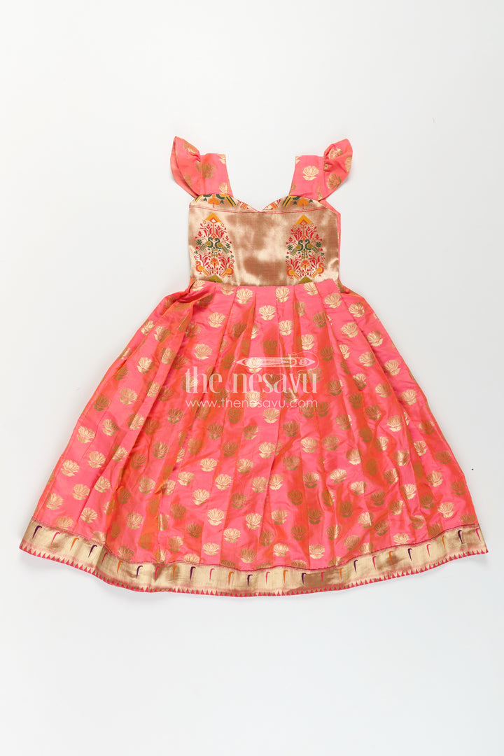 Girls Ethnic Anarkali Gown in Pink Semi Banaras Silk with Paithani Yoke and Festive Flare