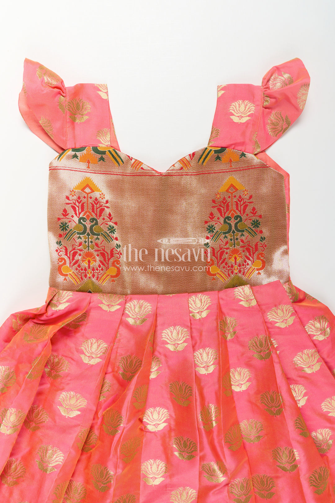Girls Ethnic Anarkali Gown in Pink Semi Banaras Silk with Paithani Yoke and Festive Flare