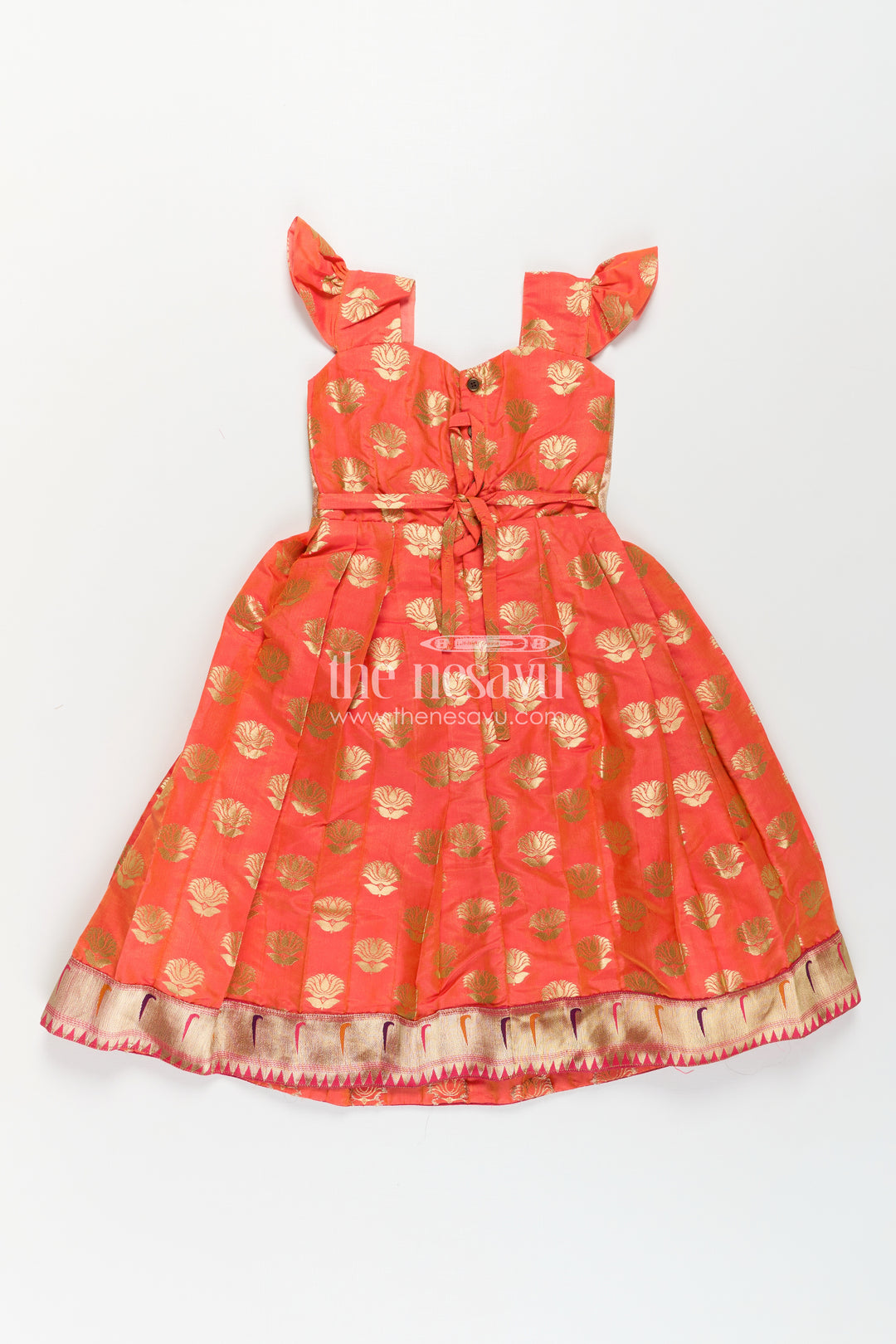 Girls Ethnic Anarkali Gown in Pink Semi Banaras Silk with Paithani Yoke and Festive Flare