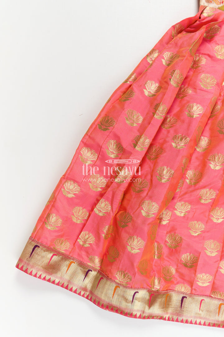 Girls Ethnic Anarkali Gown in Pink Semi Banaras Silk with Paithani Yoke and Festive Flare