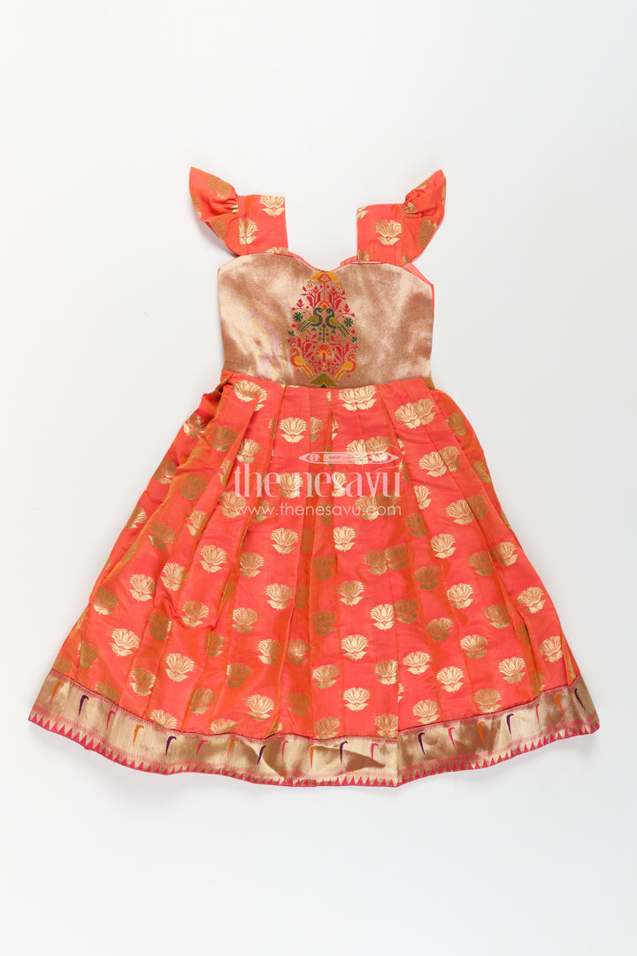 Girls Orange Anarkali Gown in Semi Banaras Silk with Paithani Embroidery and Traditional Gold Patterns