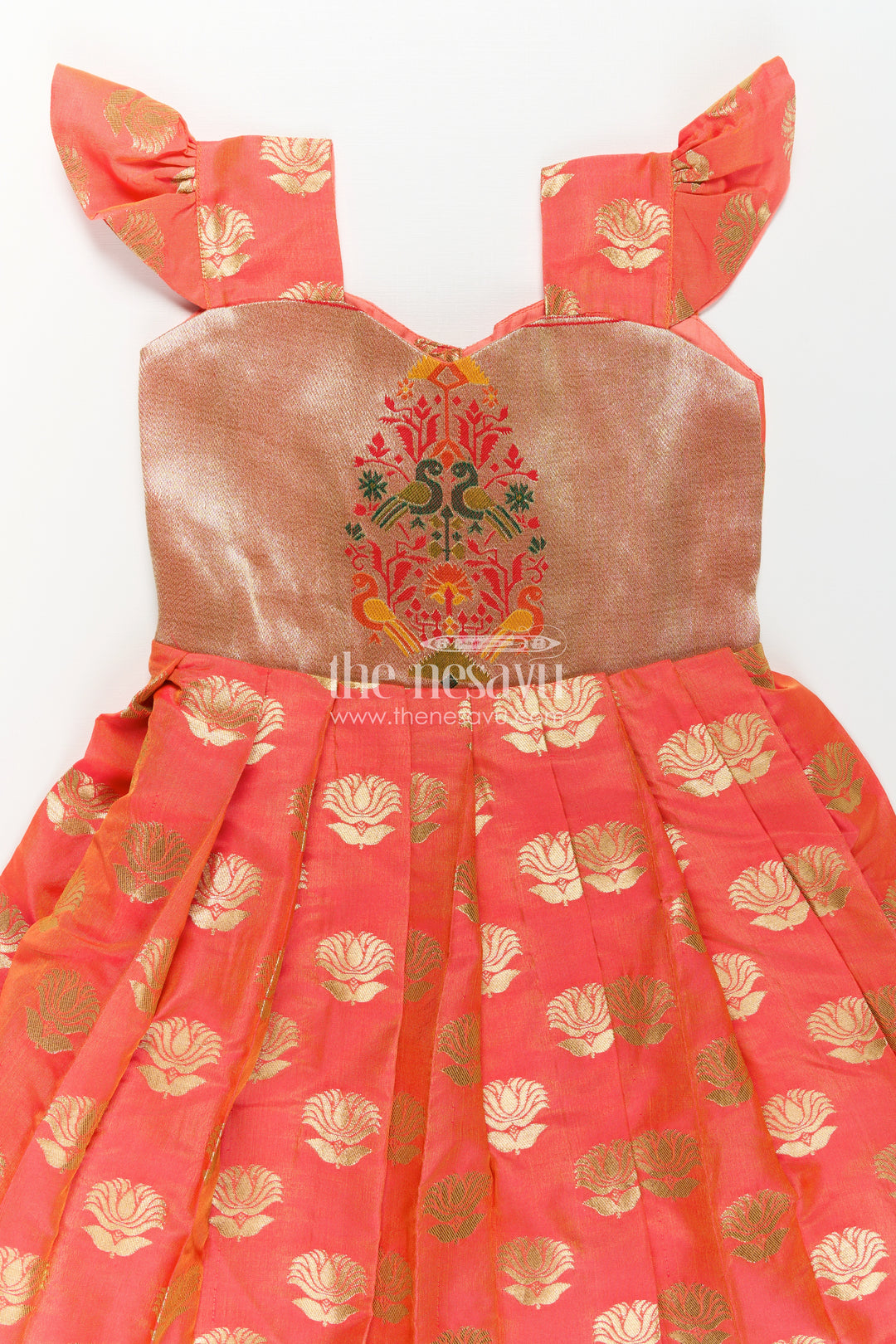Girls Orange Anarkali Gown in Semi Banaras Silk with Paithani Embroidery and Traditional Gold Patterns