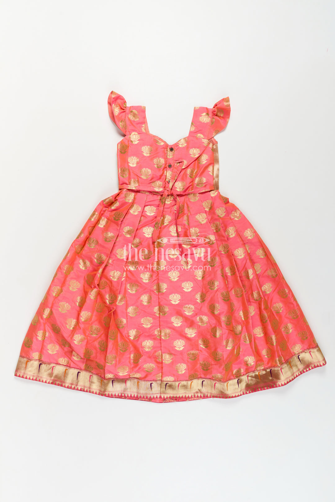 Girls Orange Anarkali Gown in Semi Banaras Silk with Paithani Embroidery and Traditional Gold Patterns