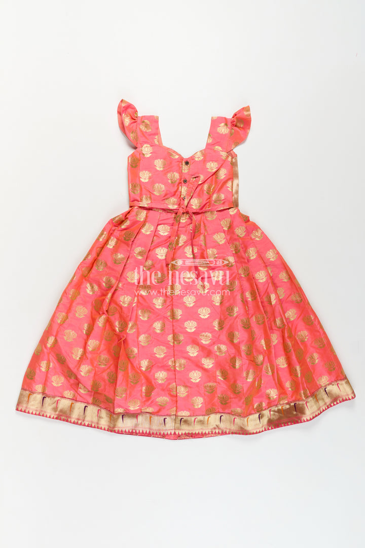 Girls Orange Anarkali Gown in Semi Banaras Silk with Paithani Embroidery and Traditional Gold Patterns