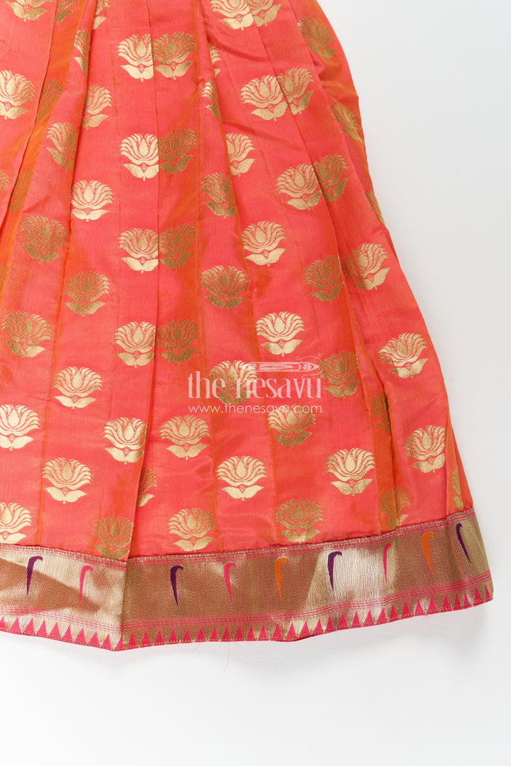 Girls Orange Anarkali Gown in Semi Banaras Silk with Paithani Embroidery and Traditional Gold Patterns