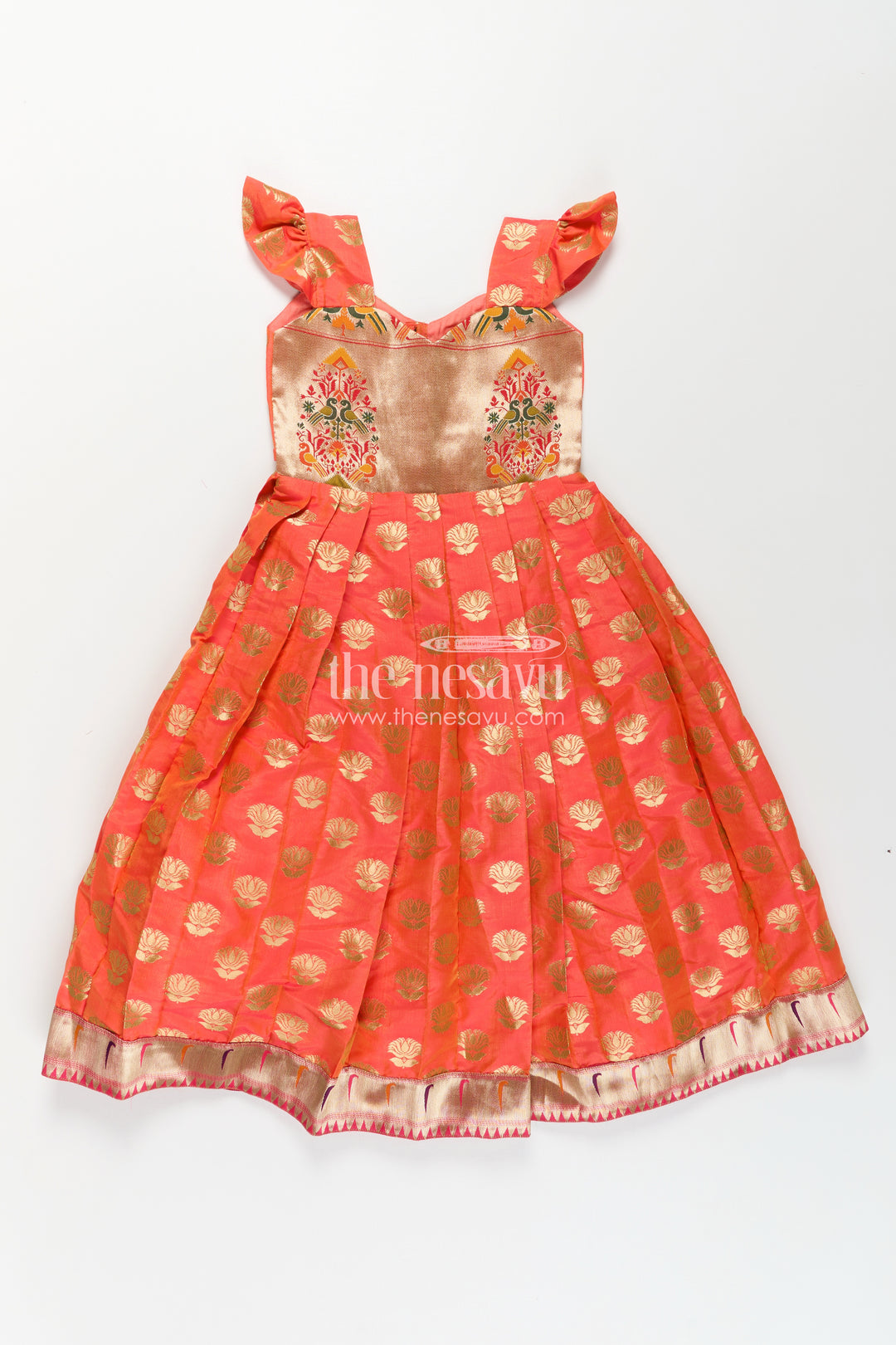 Girls Orange Anarkali Gown in Semi Banaras Silk with Paithani Embroidery and Traditional Gold Patterns