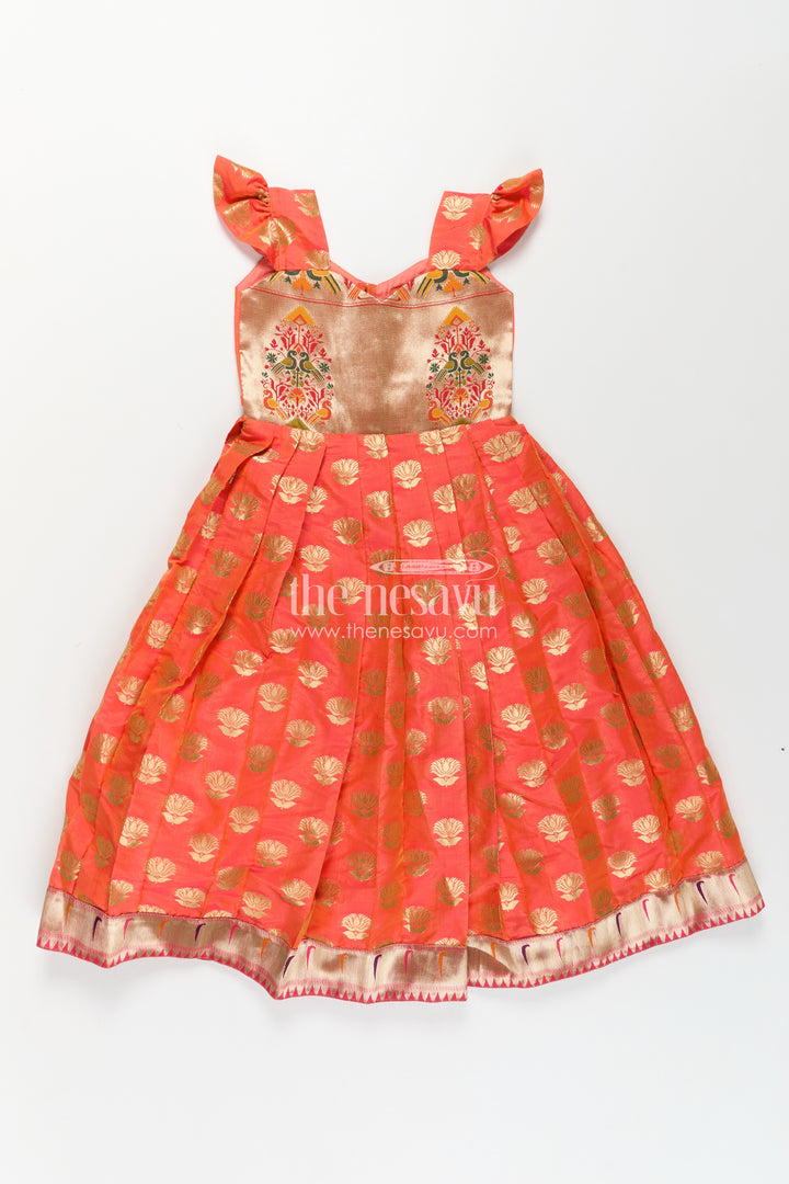 Girls Orange Anarkali Gown in Semi Banaras Silk with Paithani Embroidery and Traditional Gold Patterns