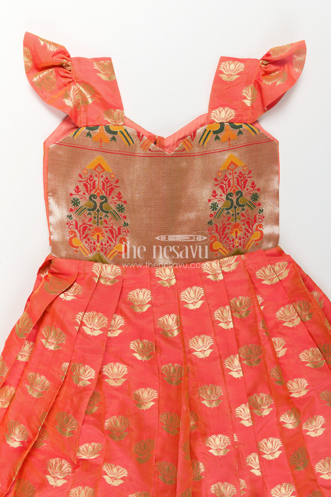 Girls Orange Anarkali Gown in Semi Banaras Silk with Paithani Embroidery and Traditional Gold Patterns