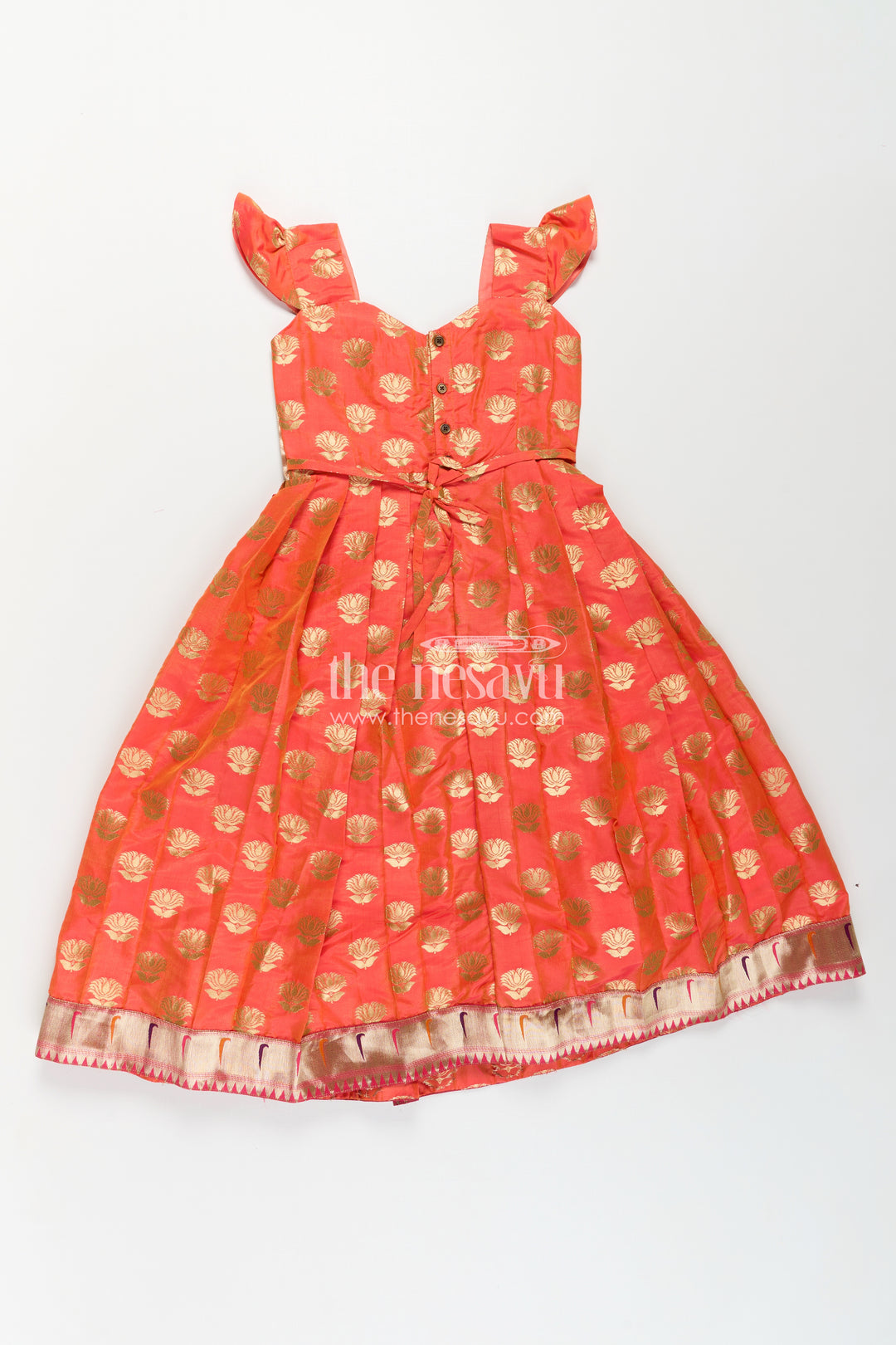 Girls Orange Anarkali Gown in Semi Banaras Silk with Paithani Embroidery and Traditional Gold Patterns