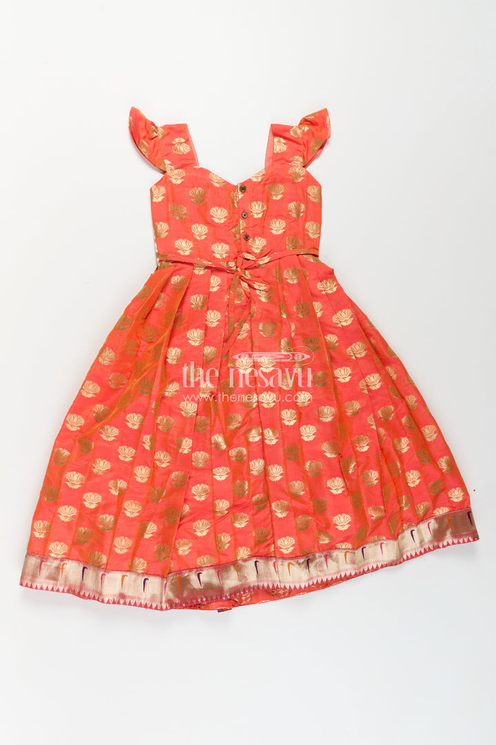 Girls Orange Anarkali Gown in Semi Banaras Silk with Paithani Embroidery and Traditional Gold Patterns