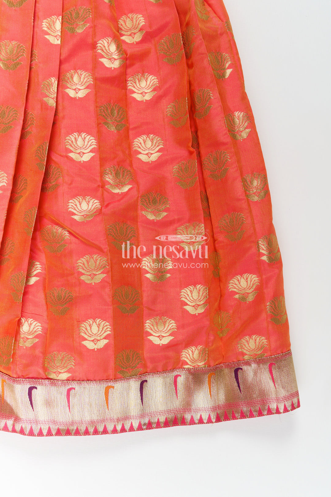 Girls Orange Anarkali Gown in Semi Banaras Silk with Paithani Embroidery and Traditional Gold Patterns