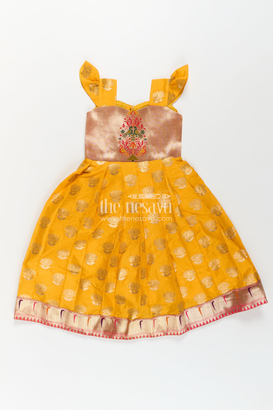 Girls Banarasi Anarkali Gown in Yellow Semi Banaras Silk with Paithani Yoke and Gold Motifs