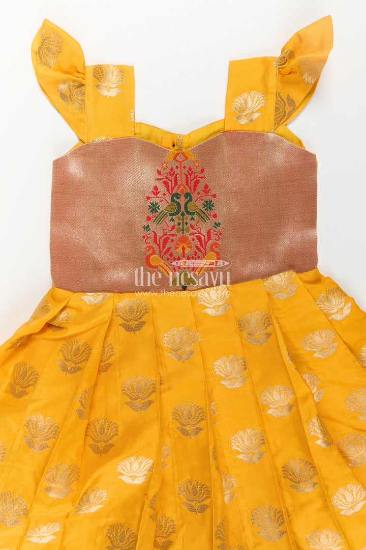 Girls Banarasi Anarkali Gown in Yellow Semi Banaras Silk with Paithani Yoke and Gold Motifs