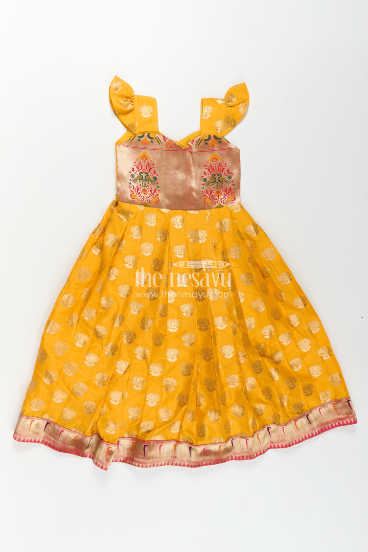 Girls Banarasi Anarkali Gown in Yellow Semi Banaras Silk with Paithani Yoke and Gold Motifs