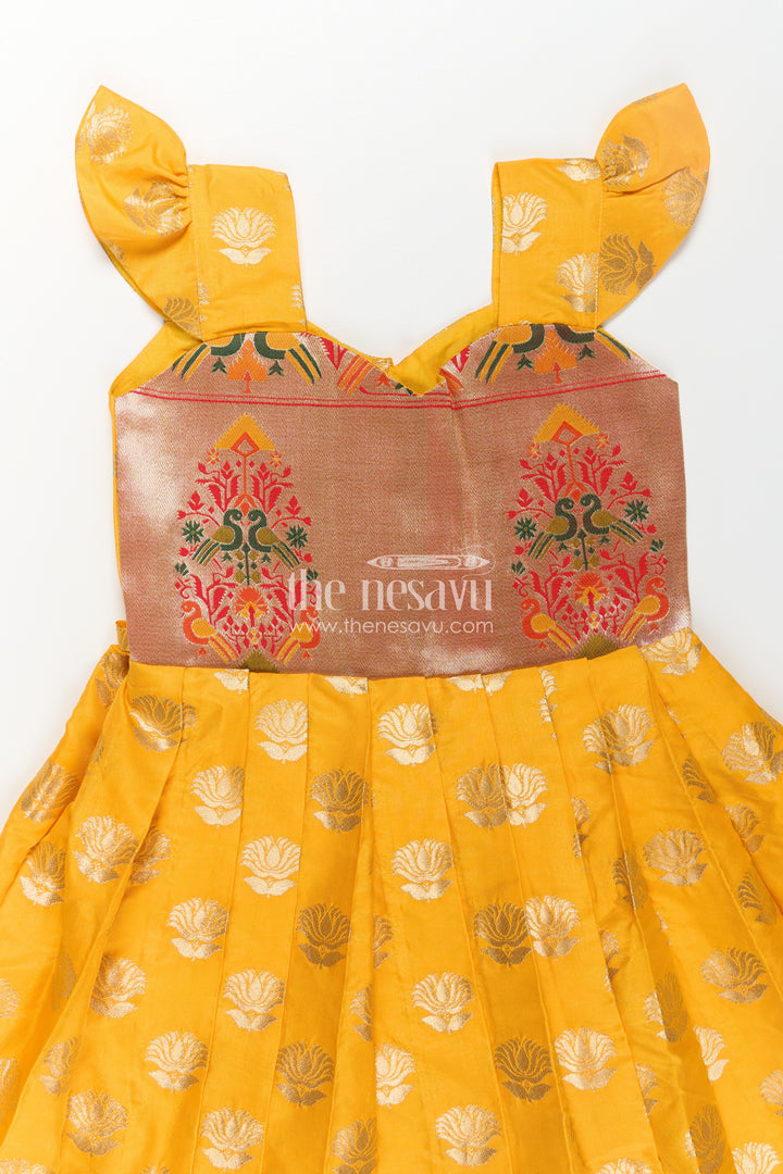 Girls Banarasi Anarkali Gown in Yellow Semi Banaras Silk with Paithani Yoke and Gold Motifs