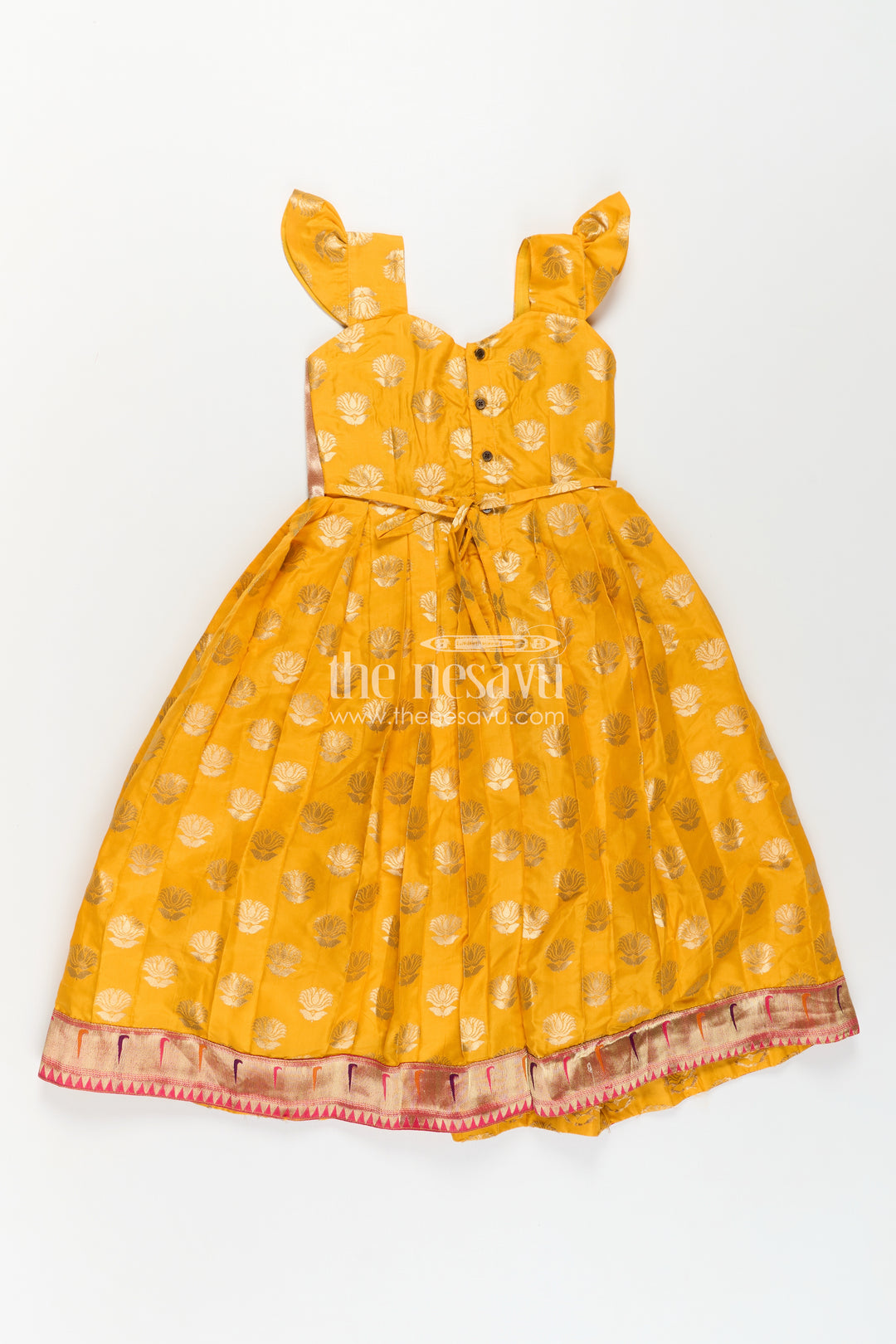 Girls Banarasi Anarkali Gown in Yellow Semi Banaras Silk with Paithani Yoke and Gold Motifs